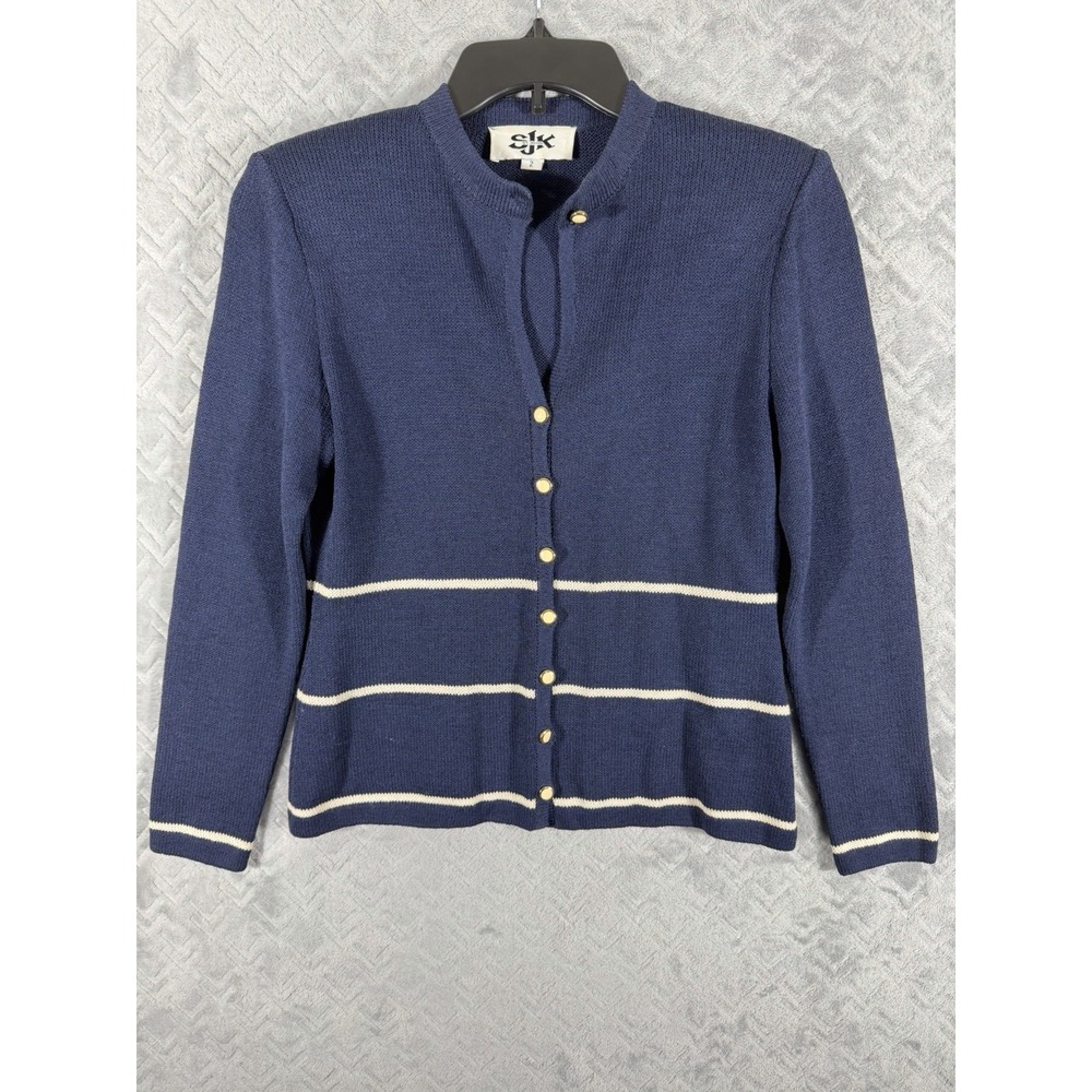 Vintage St. John Knits Cardigan Size 2 Blue Cream Trim Pearl/Gold Color Buttons